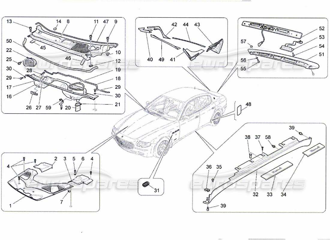 maserati qtp. (2010) 4.7 diagrama de piezas de escudos, molduras y paneles de cobertura