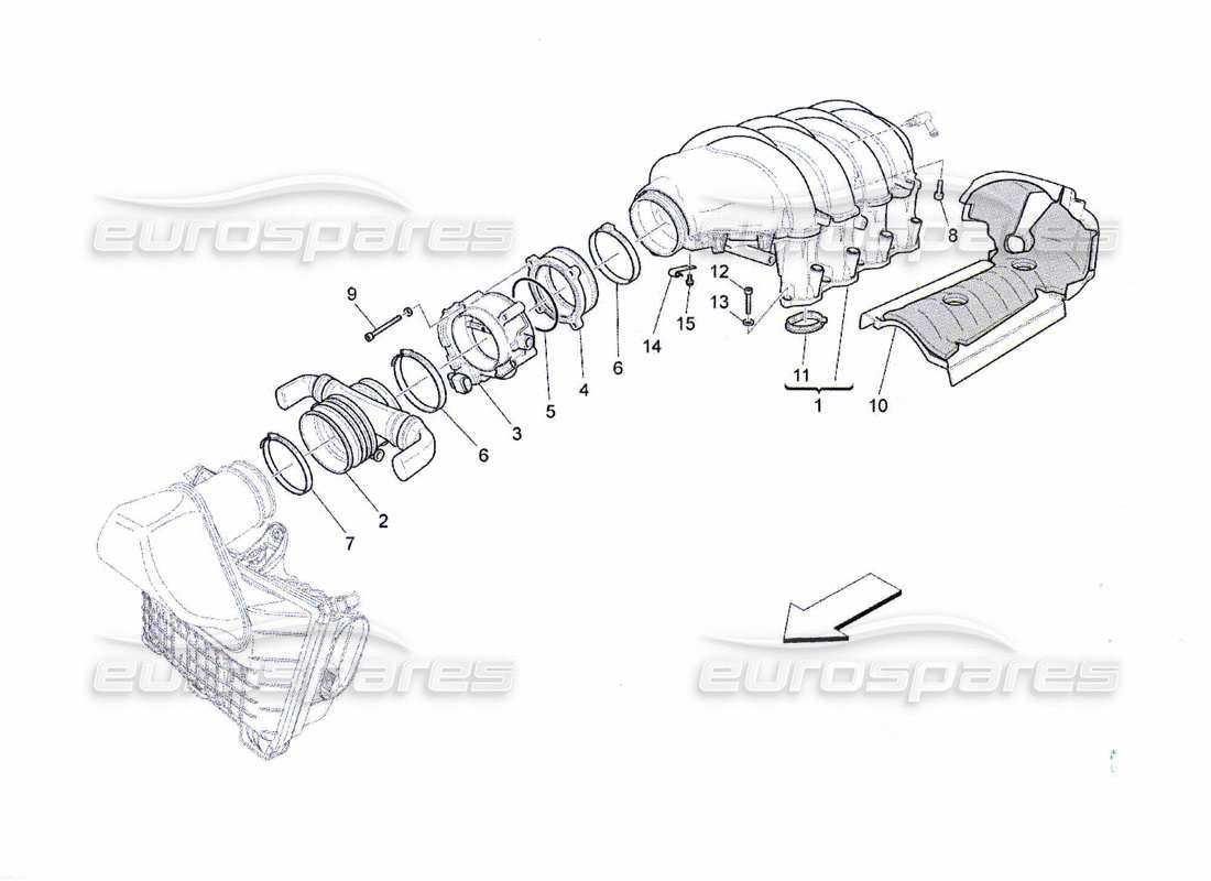 maserati qtp. (2010) 4.7 diagrama de partes del colector de admisión y del cuerpo del acelerador