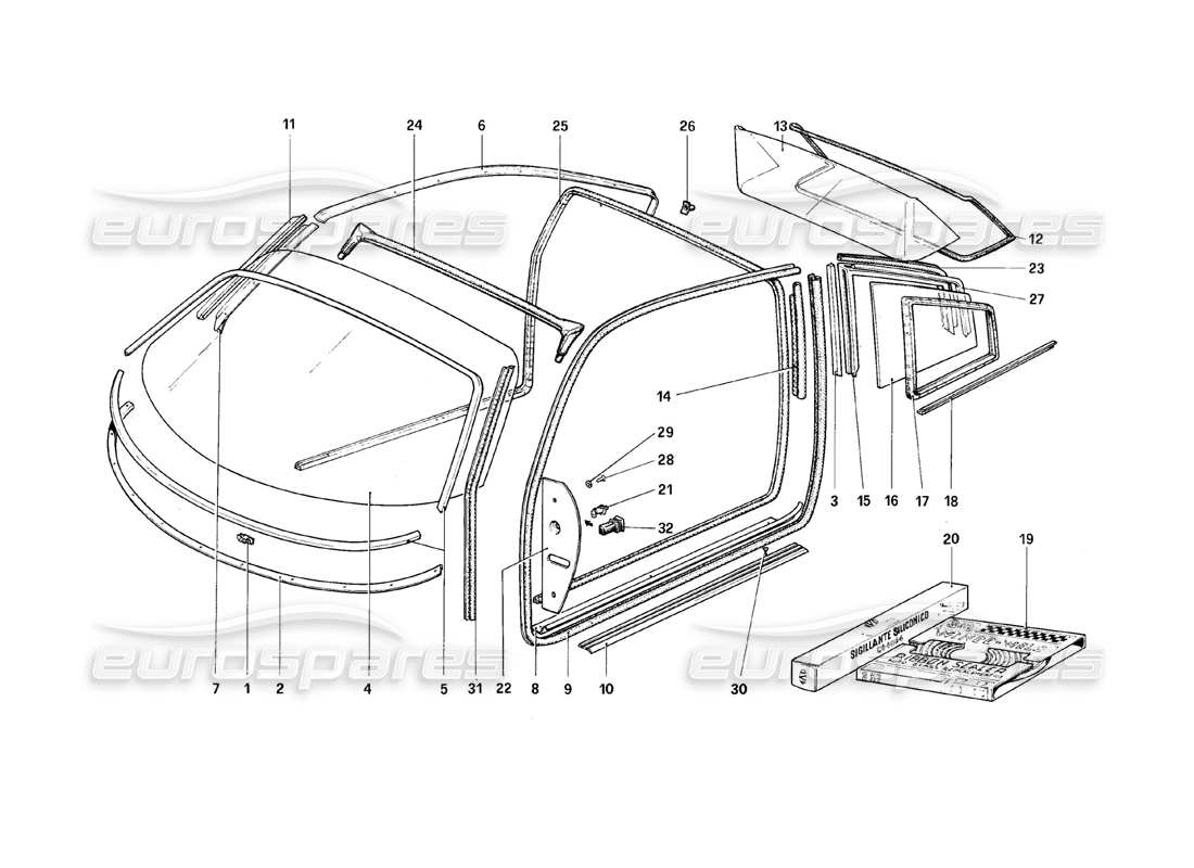 ferrari 308 (1981) gtbi/gtsi anteojos diagrama de piezas