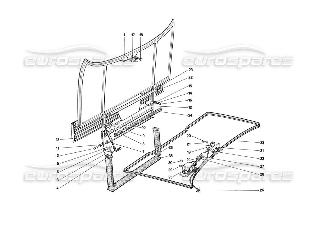 ferrari mondial 8 (1981) diagrama de piezas de la tapa del compartimento frontal