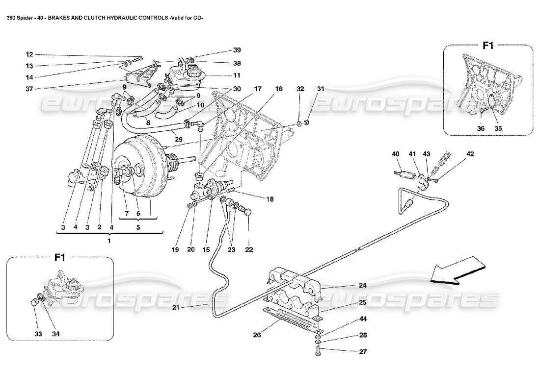 ferrari 360 spider controles hidráulicos de frenos y embrague diagrama de piezas
