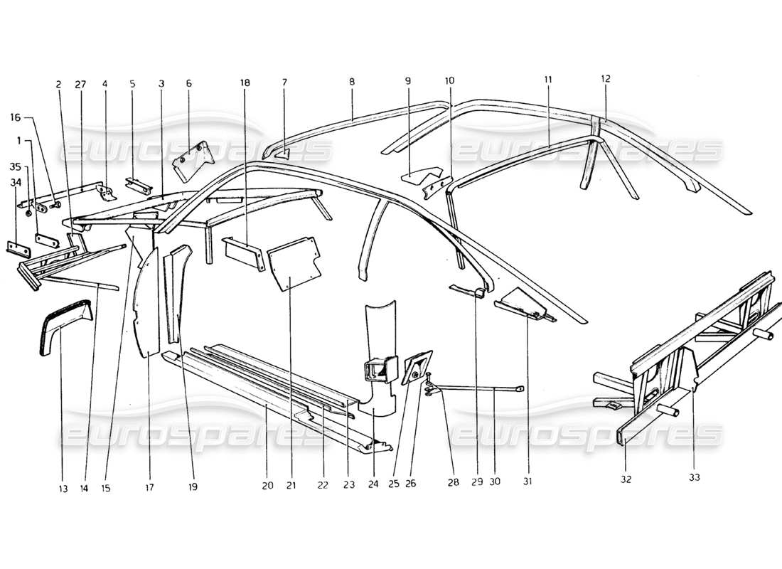 ferrari 308 gtb (1976) carrocería - elementos internos diagrama de piezas