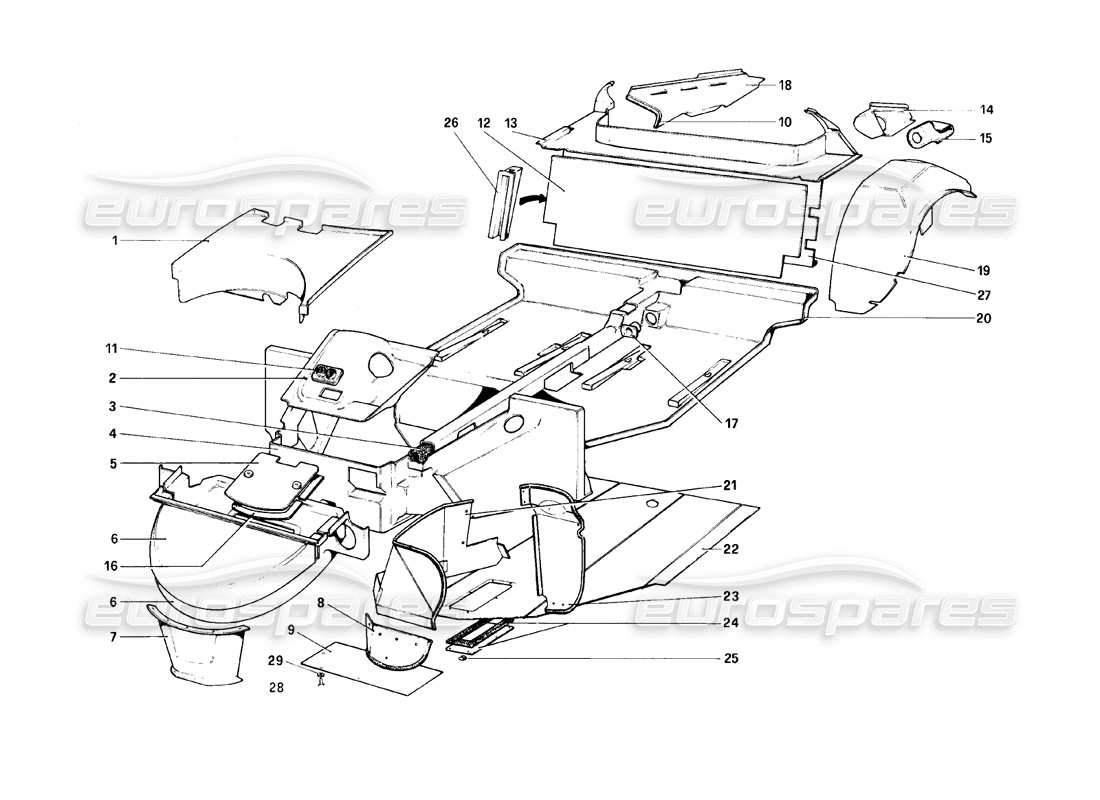 ferrari 308 (1981) gtbi/gtsi carrocería - elementos internos diagrama de piezas