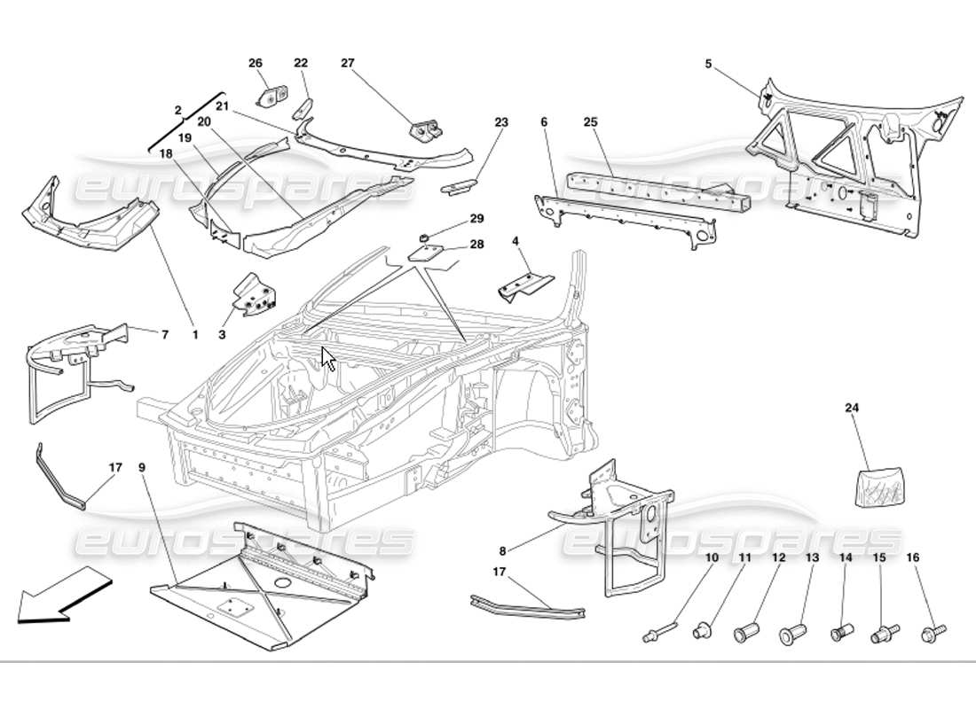 ferrari 360 modena cuadro parte frontal completa estructuras y placas diagrama de partes