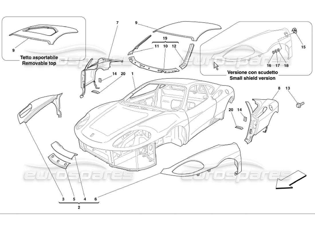 ferrari 360 modena diagrama de piezas de molduras exteriores de la carrocería