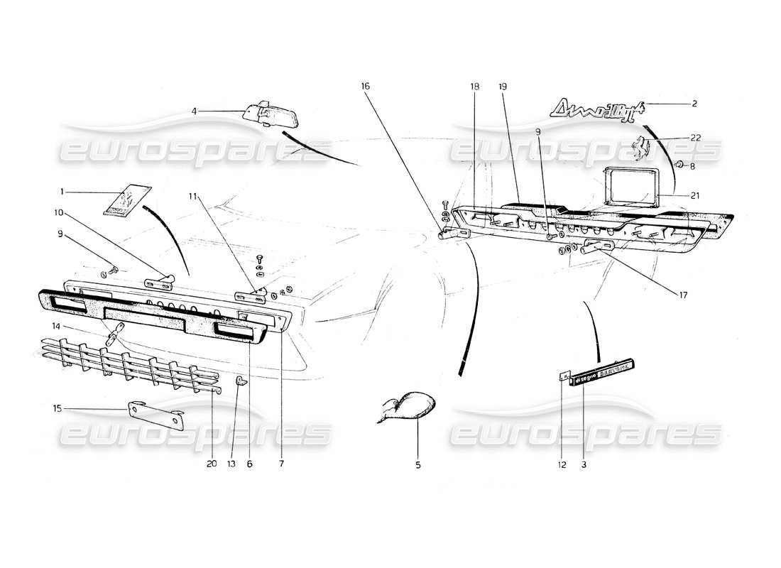 ferrari 308 gt4 dino (1979) diagrama de piezas de parachoques y molduras