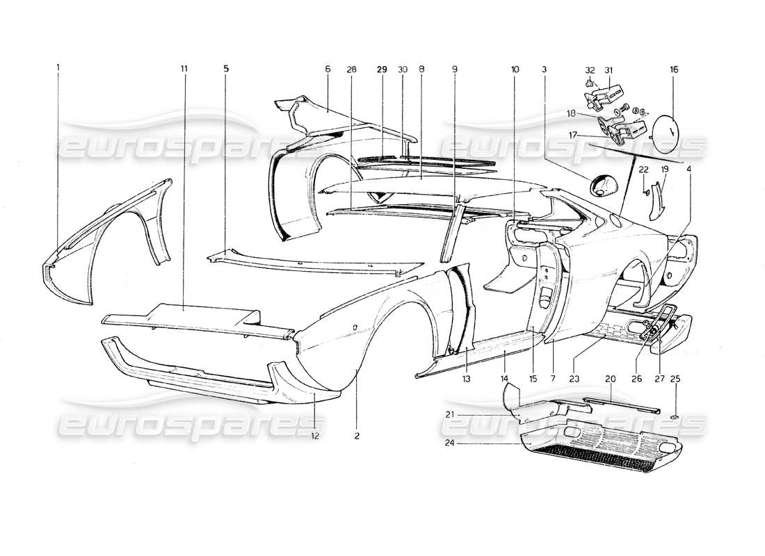 ferrari 308 gt4 dino (1979) carrocería - elementos exteriores diagrama de piezas