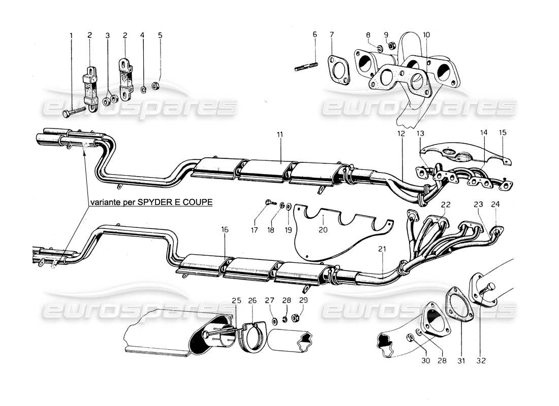 ferrari 275 gtb/gts 2 cam diagrama de piezas de escape y colectores