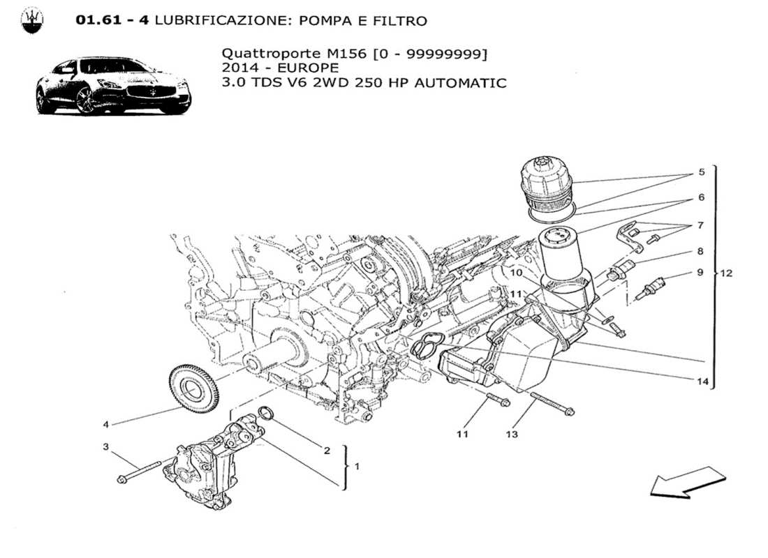 maserati qtp. v6 3.0 tds 250bhp 2014 sistema de lubricación: diagrama de piezas de bomba y filtro