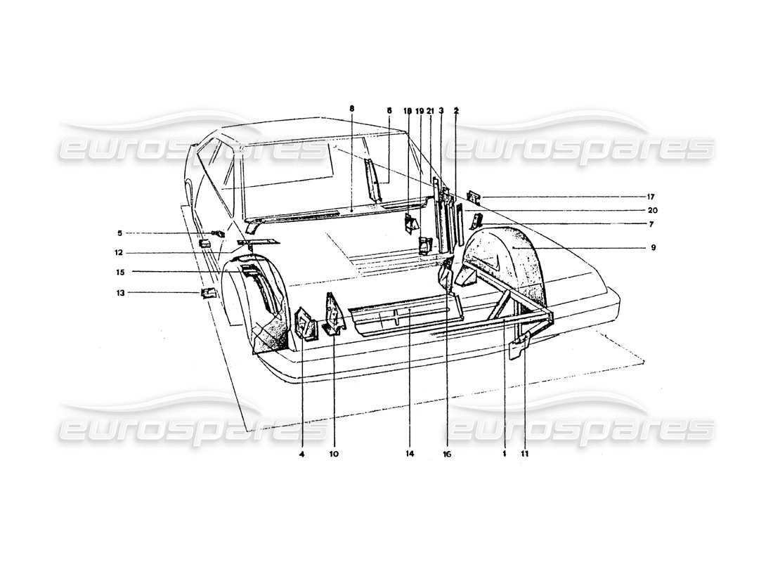 ferrari 365 gt4 2+2 coachwork diagrama de piezas de paneles y protectores interiores delanteros