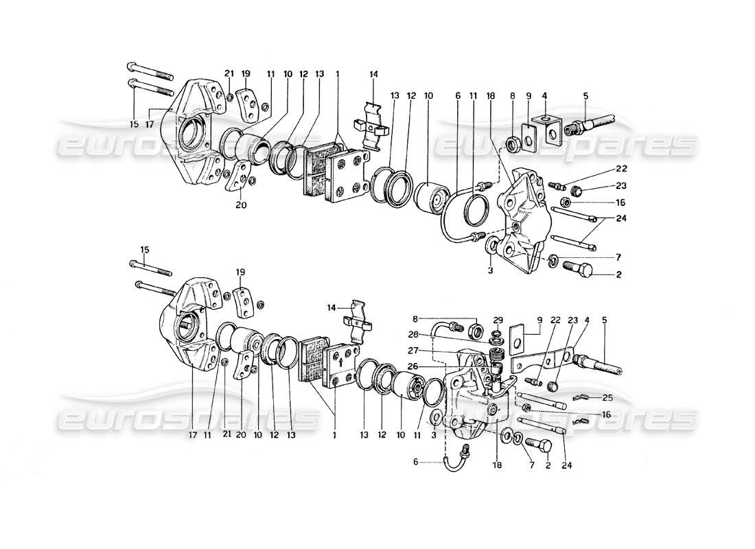 ferrari 308 gt4 dino (1979) diagrama de piezas de la pinza para frenos delanteros y traseros