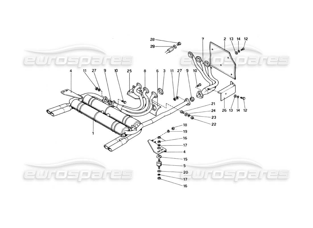 ferrari 246 dino (1975) diagrama de piezas del conjunto de tubos de escape
