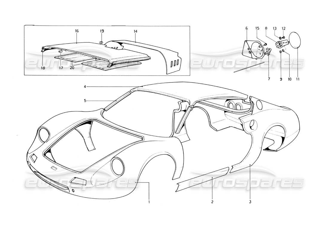 ferrari 246 dino (1975) carrocería - diagrama de piezas de elementos exteriores