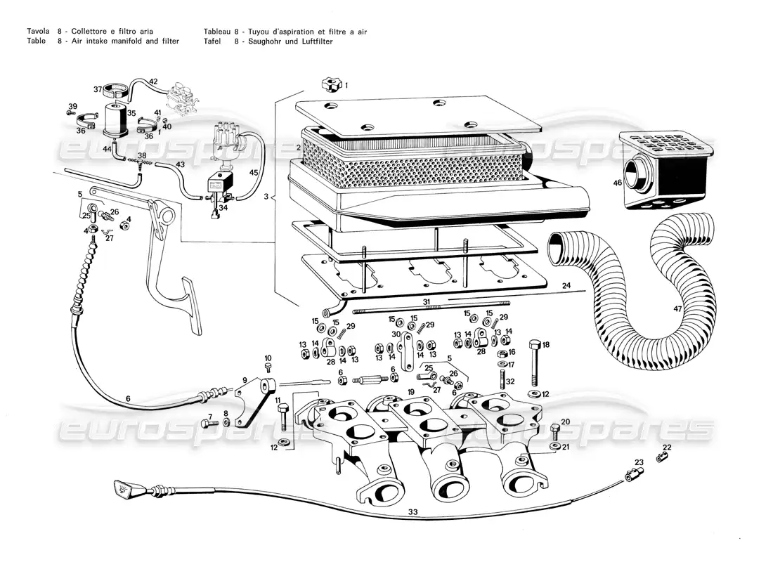 maserati merak 3.0 colector de admisión de aire y filtro. diagrama de piezas