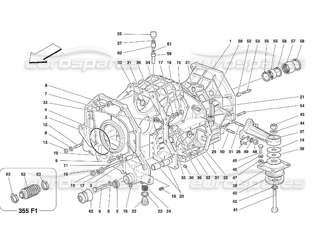 ferrari 355 (5.2 motronic) diagrama de piezas de caja de cambios, carcasa del diferencial y carcasa intermedia