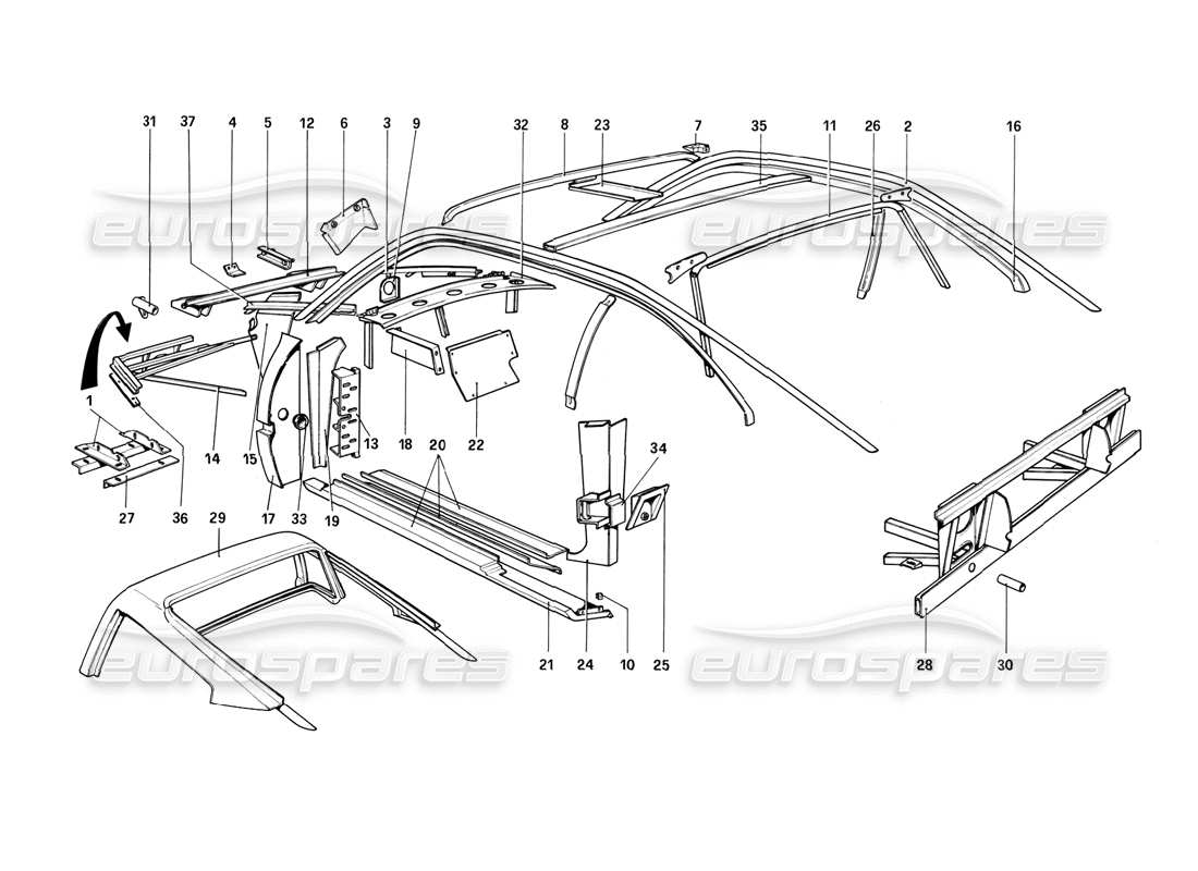 ferrari 308 (1981) gtbi/gtsi carrocería - elementos internos diagrama de piezas