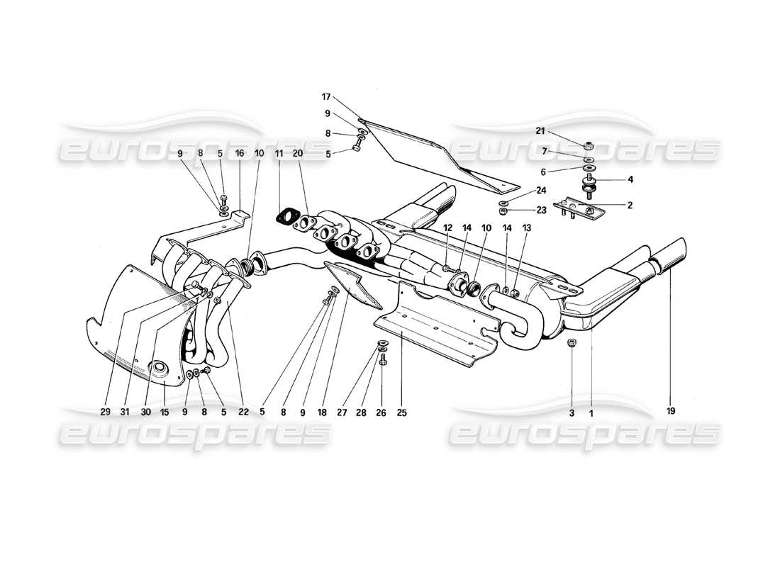 ferrari 308 (1981) gtbi/gtsi sistema de escape diagrama de piezas