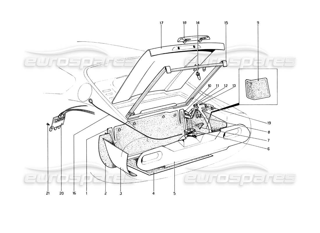 ferrari 246 dino (1975) diagrama de piezas de la tapa del maletero