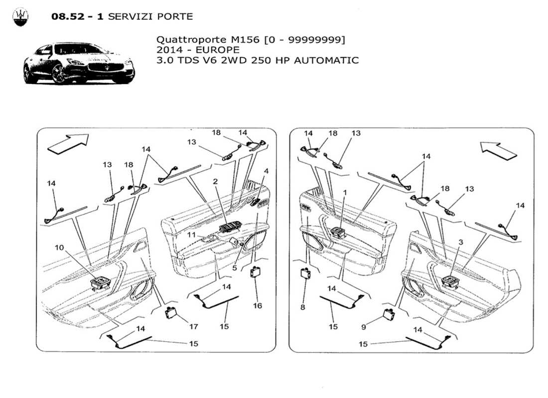 maserati qtp. v6 3.0 tds 250bhp 2014 diagrama de piezas de dispositivos de puerta