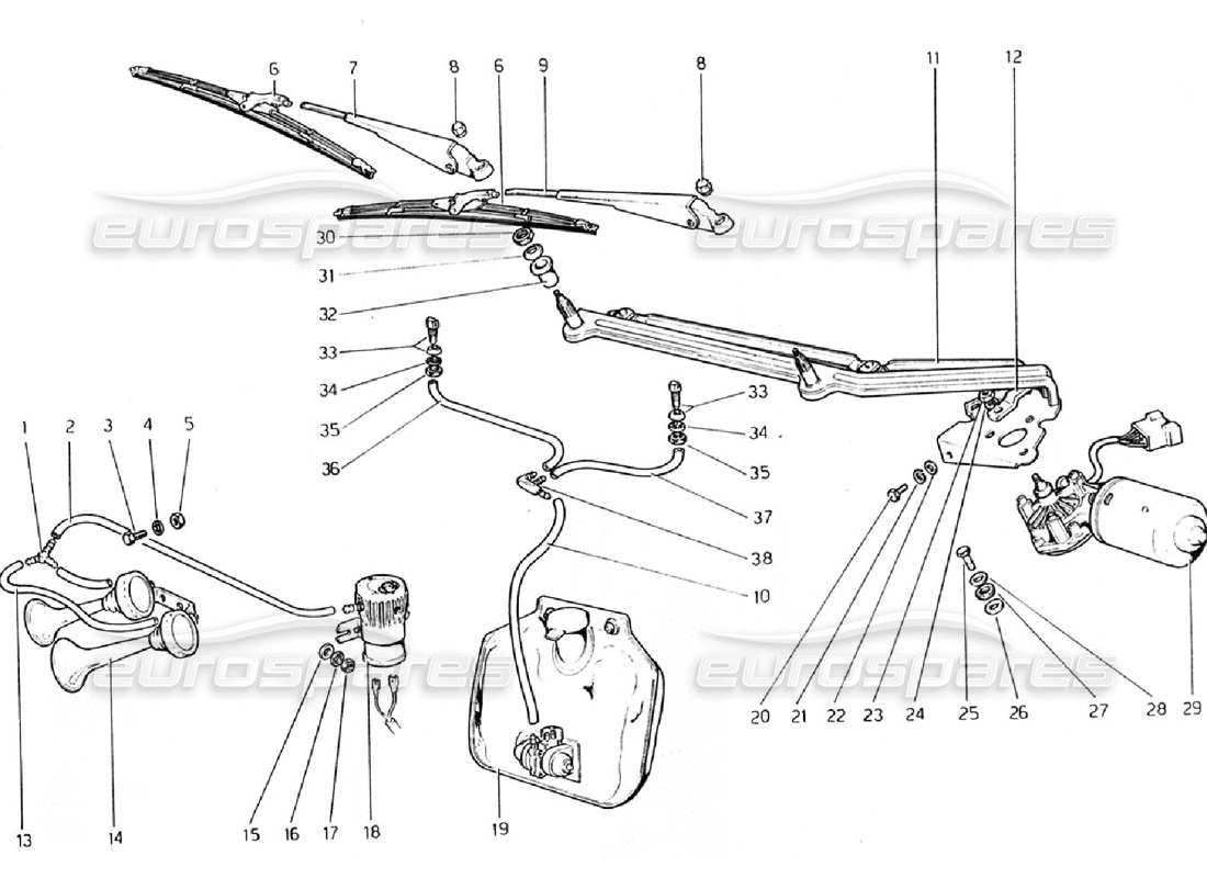 ferrari 308 gtb (1976) limpiaparabrisas, arandela y bocina diagrama de piezas