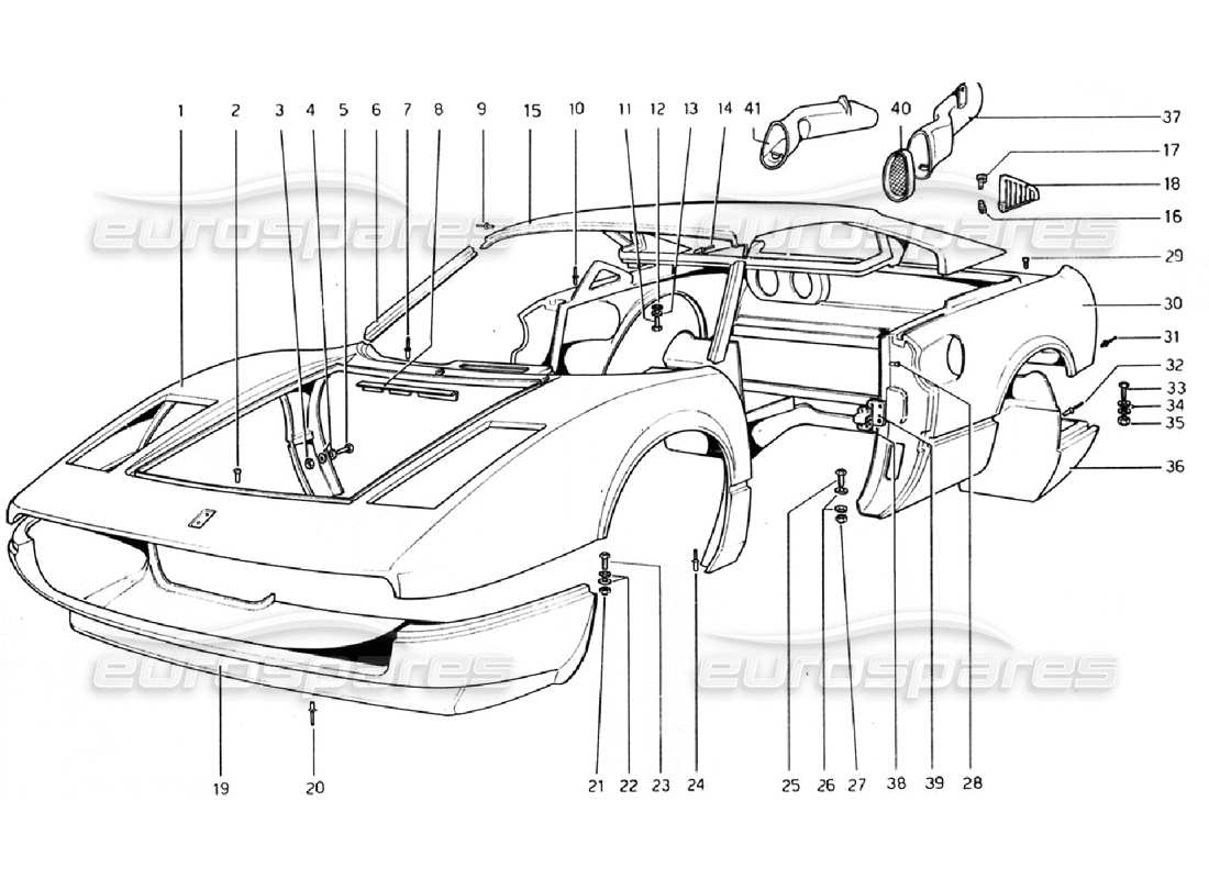 ferrari 308 gtb (1976) carrocería - elementos exteriores diagrama de piezas