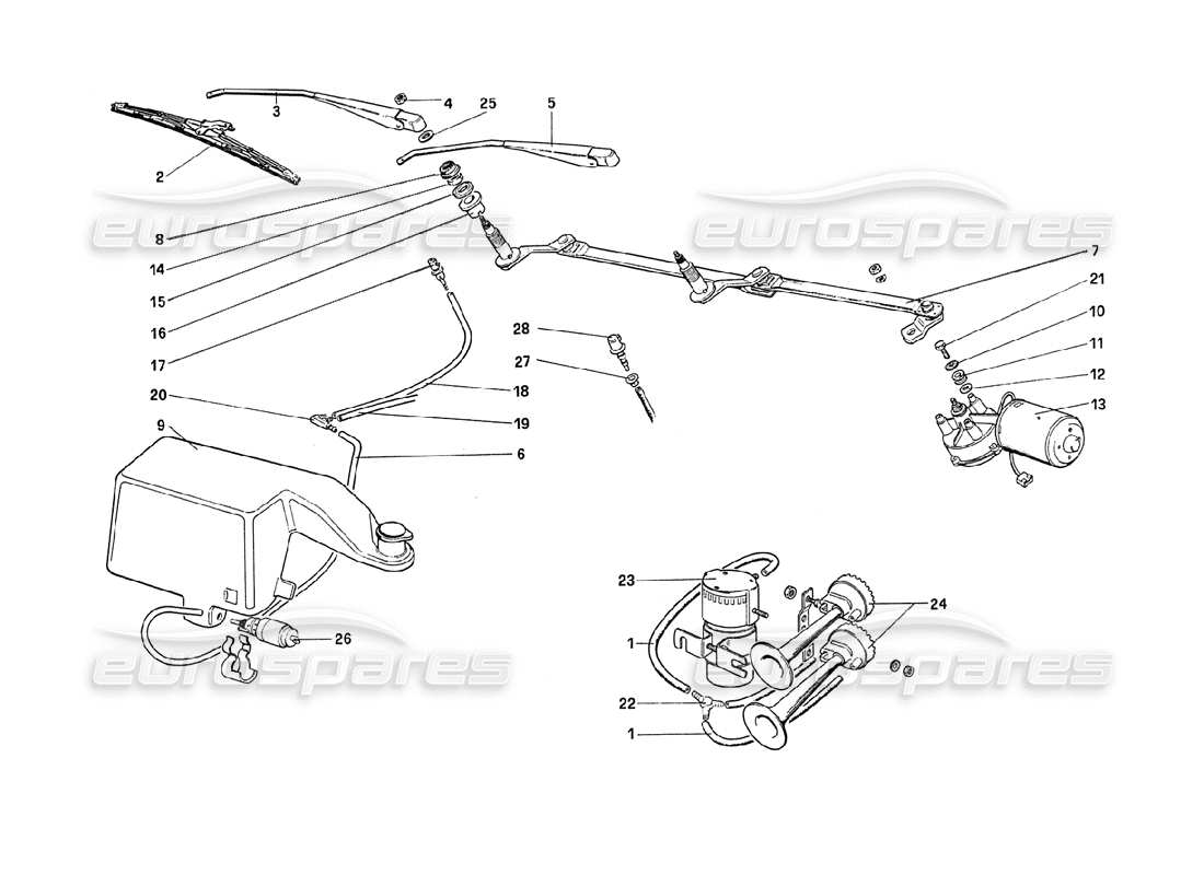 ferrari 208 turbo (1989) limpiaparabrisas, arandela y bocinas diagrama de piezas