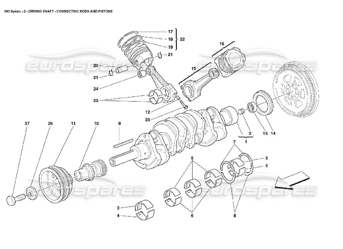 ferrari 360 spider cigüeñal, bielas y pistones diagrama de piezas