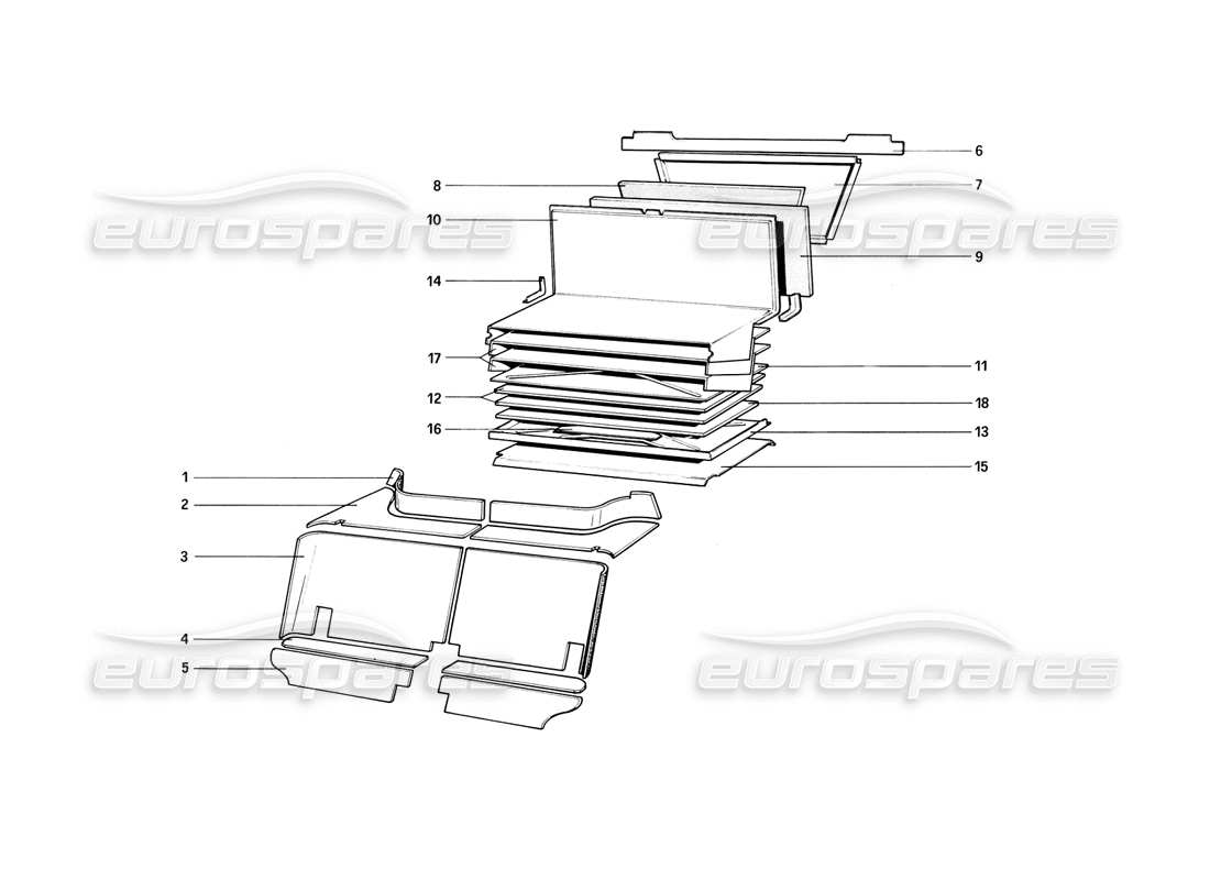 ferrari 308 (1981) gtbi/gtsi diagrama de piezas de aislamiento de los compartimentos de pasajeros y equipaje