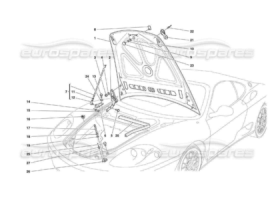 ferrari 360 challenge (2000) diagrama de piezas del capó delantero y del dispositivo de apertura