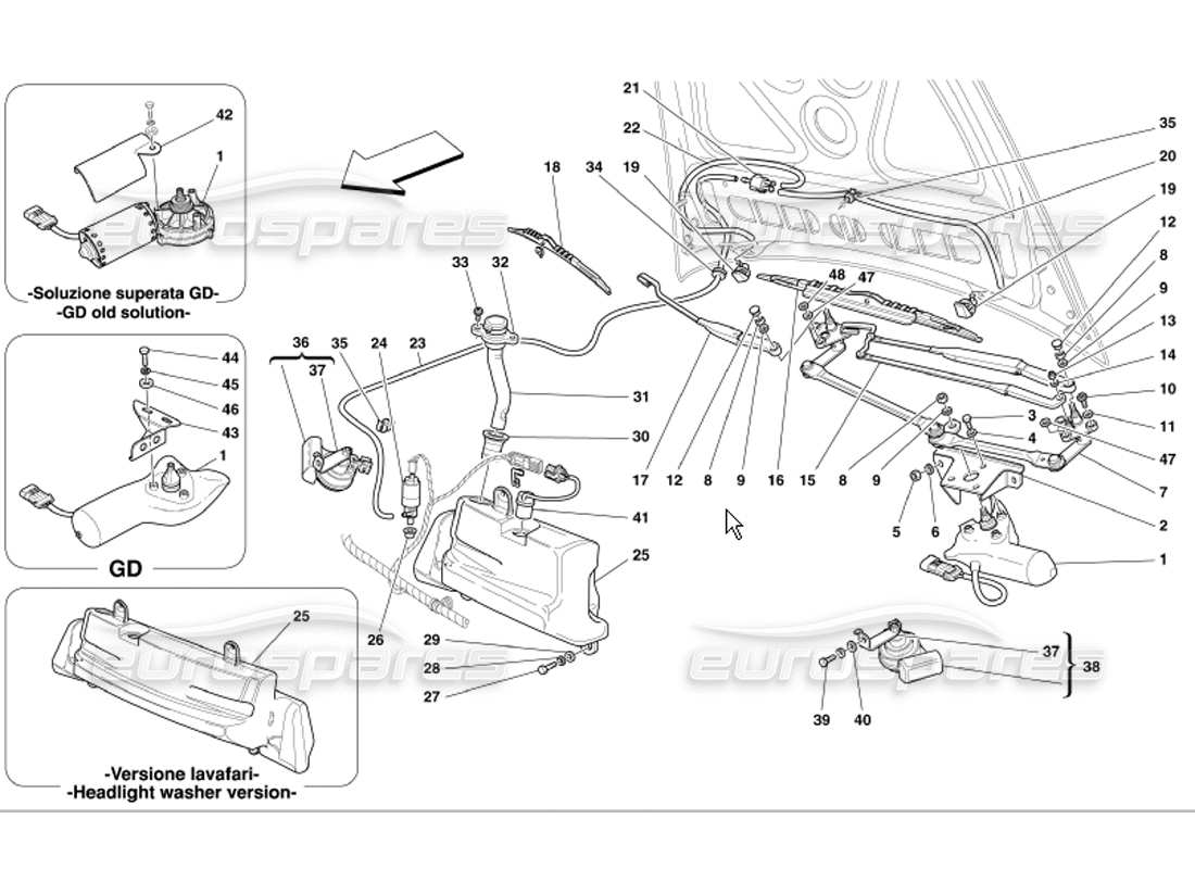 ferrari 360 modena parabrisas, arandela y bocinas diagrama de piezas