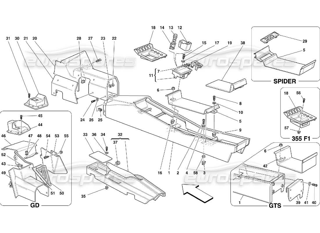 ferrari 355 (5.2 motronic) túnel: diagrama de piezas de estructura y accesorios
