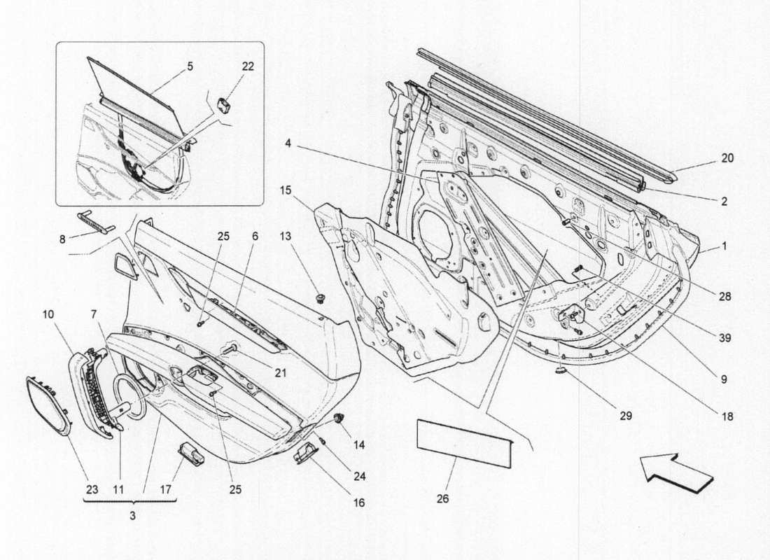 maserati qtp. v6 3.0 tds 275bhp 2017 puertas traseras: diagrama de piezas de los paneles embellecedores
