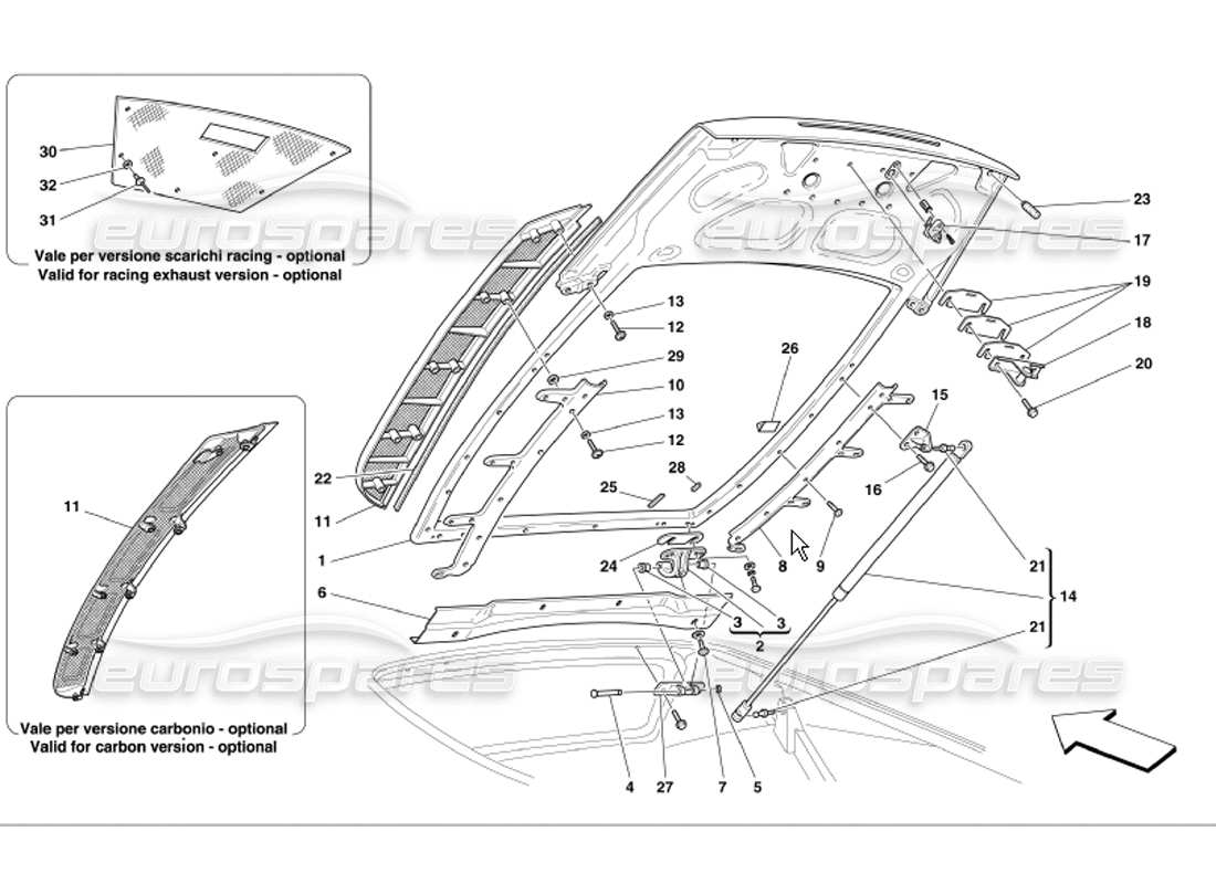 ferrari 360 modena diagrama de piezas del capó del motor