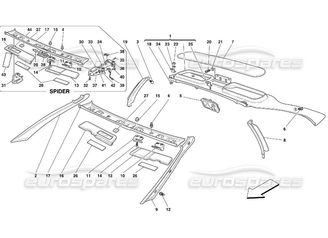 ferrari 355 (5.2 motronic) adornos de techo diagrama de piezas