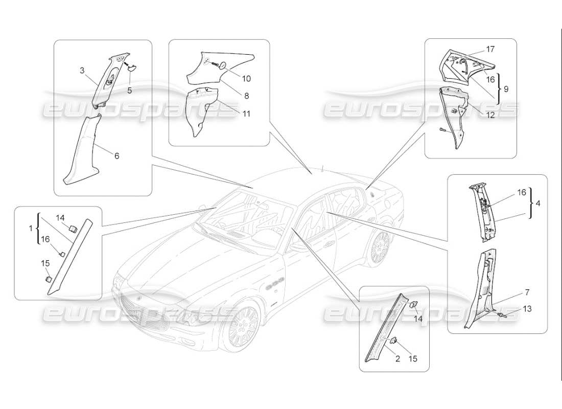 maserati qtp. (2008) 4.2 auto diagrama de piezas de paneles laterales y embellecedores del pilar b del compartimento de pasajeros