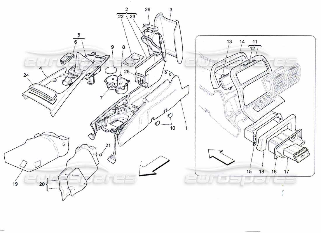 maserati qtp. (2010) 4.7 diagrama de piezas de la consola de accesorios y la consola central