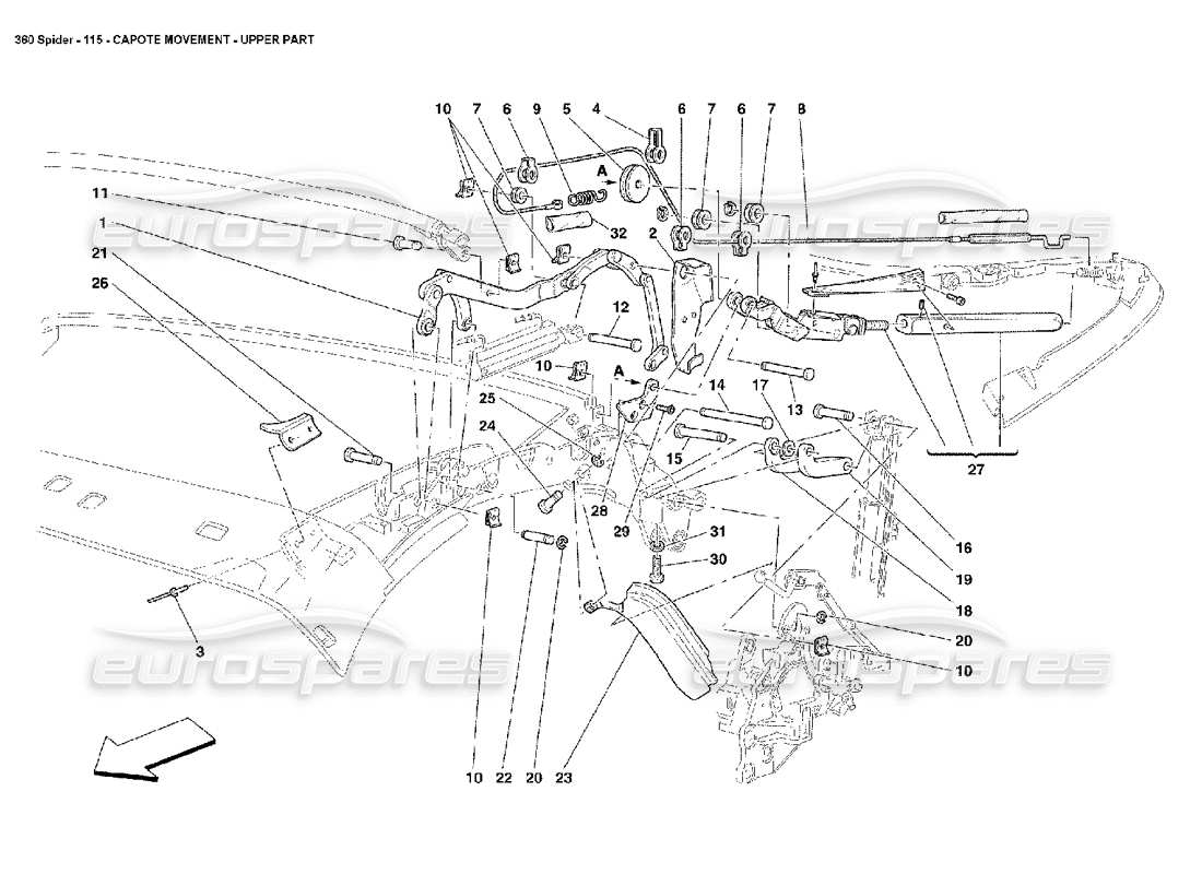 ferrari 360 spider movimiento capote - parte superior diagrama de piezas