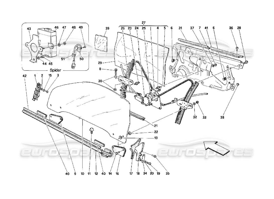 ferrari 348 (2.7 motronic) puertas: diagrama de piezas del dispositivo de elevación de vidrio