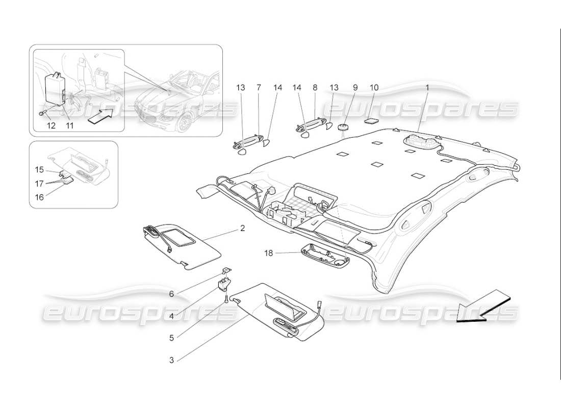 maserati qtp. (2009) 4.7 auto diagrama de piezas de techo y parasoles