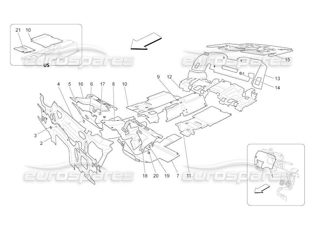 maserati qtp. (2010) 4.2 auto paneles de insonorización en el interior del vehículo. diagrama de piezas.