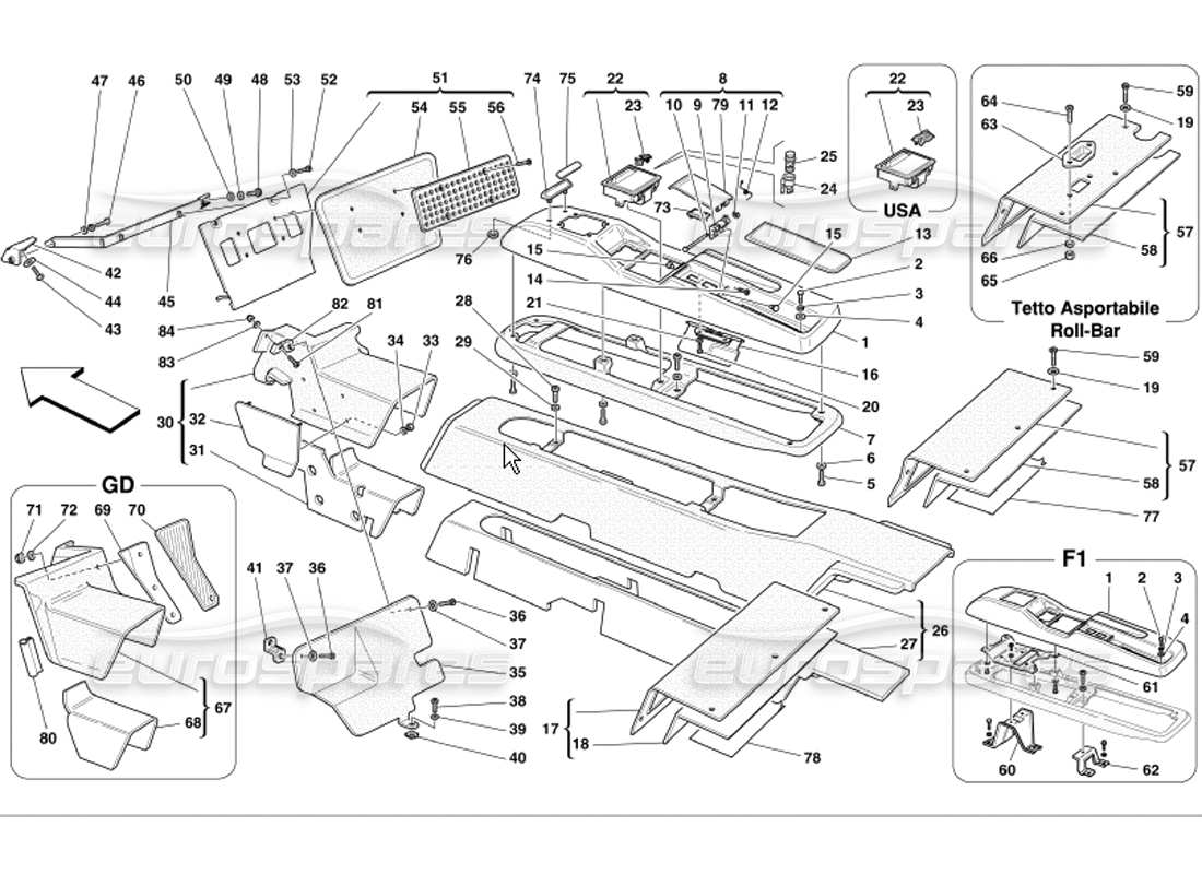 ferrari 360 modena marco de túnel y accesorios diagrama de piezas