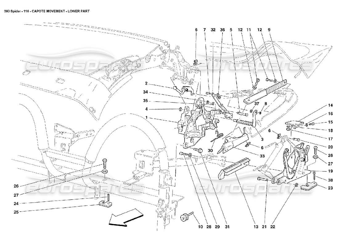 ferrari 360 spider movimiento capote - parte inferior diagrama de partes