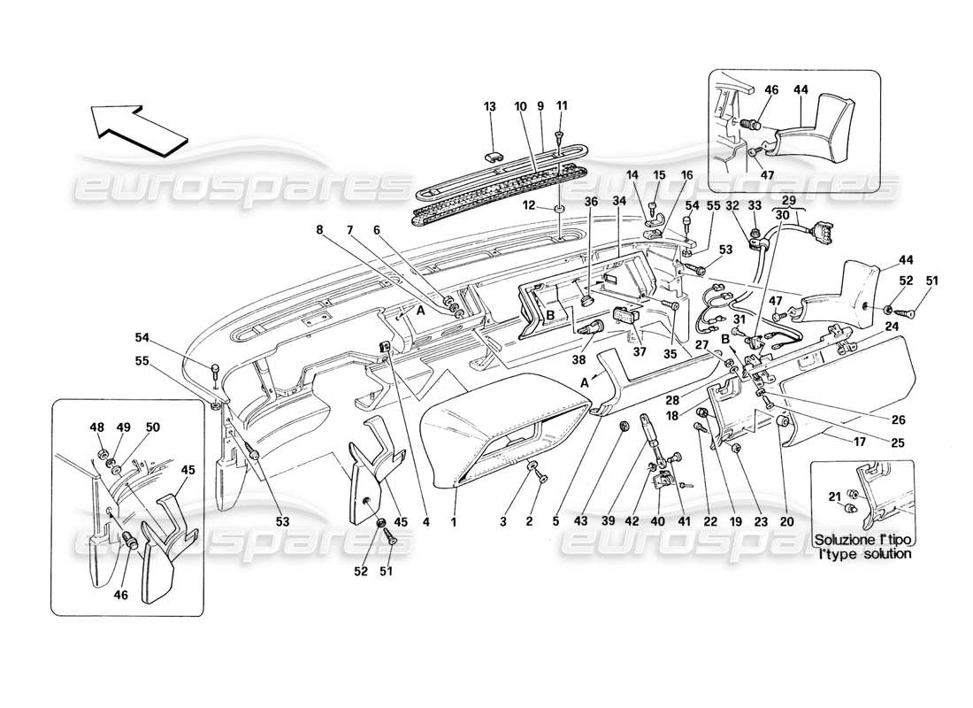 ferrari 348 (1993) tb / ts tablero: diagrama de piezas de molduras y accesorios