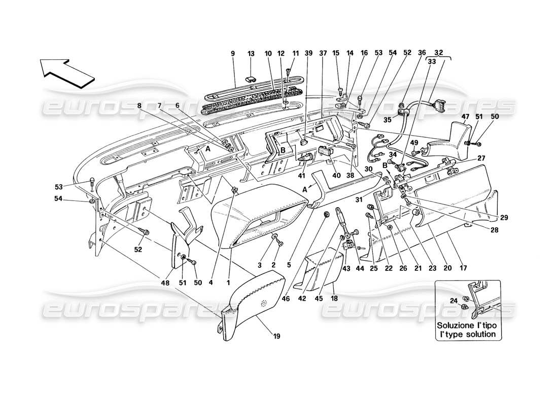 ferrari 348 (1993) tb / ts tablero: diagrama de piezas de molduras y accesorios