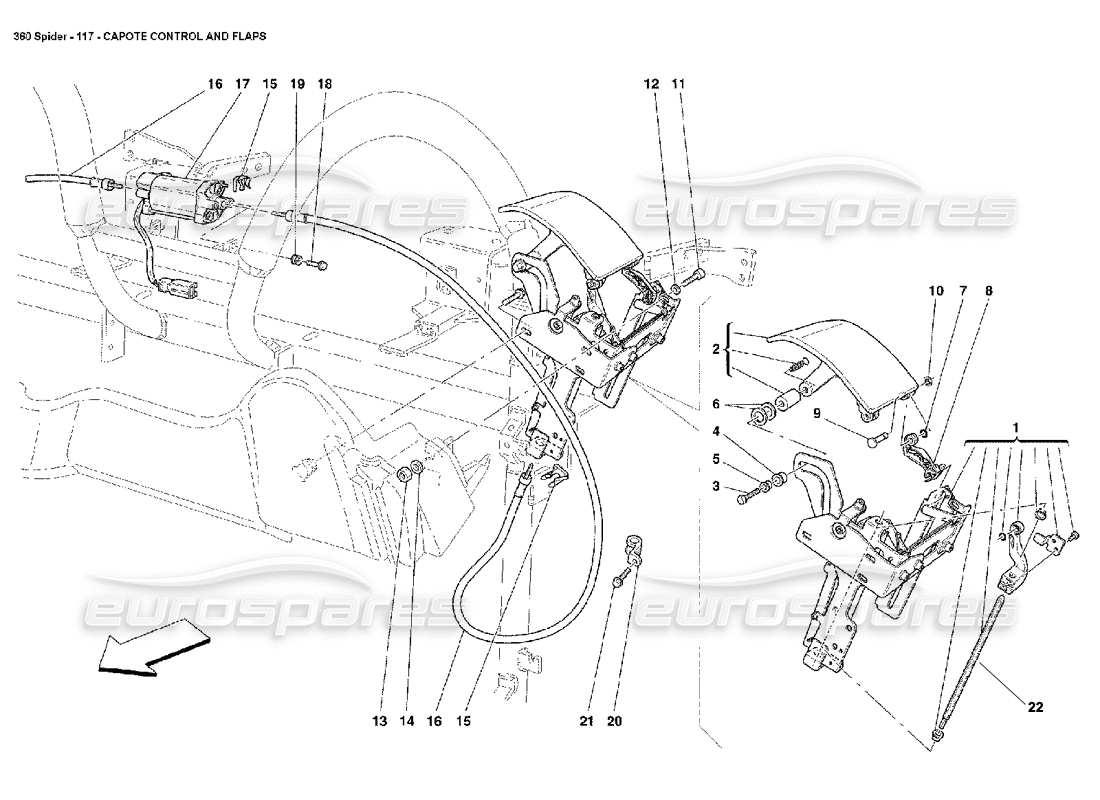 ferrari 360 spider diagrama de piezas de control y flaps del capote