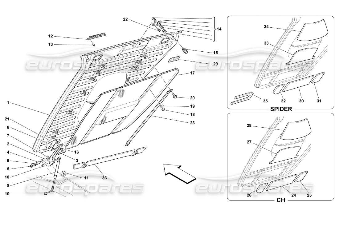 ferrari 355 (2.7 motronic) capó trasero diagrama de piezas