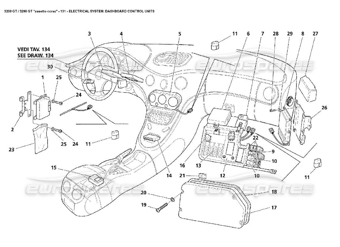maserati 3200 gt/gta/assetto corsa eléctrico: diagrama de piezas de las unidades de control del tablero