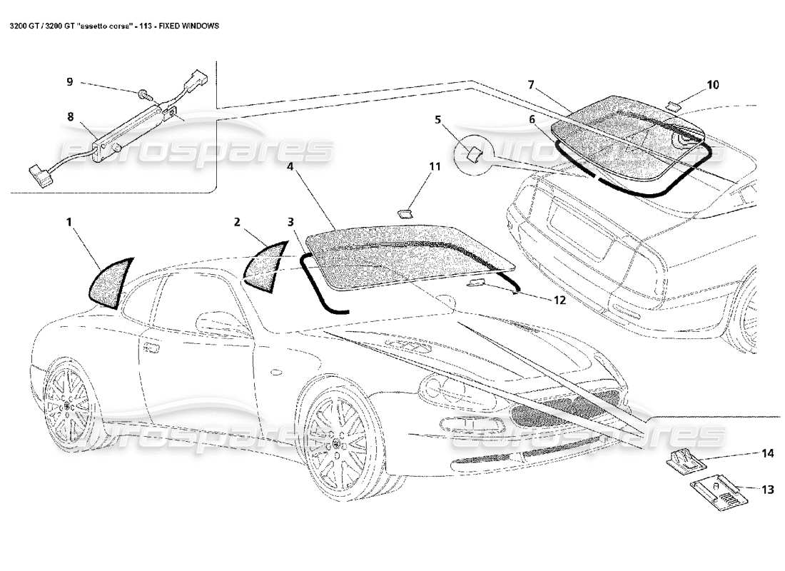 maserati 3200 gt/gta/assetto corsa ventanas fijas diagrama de piezas