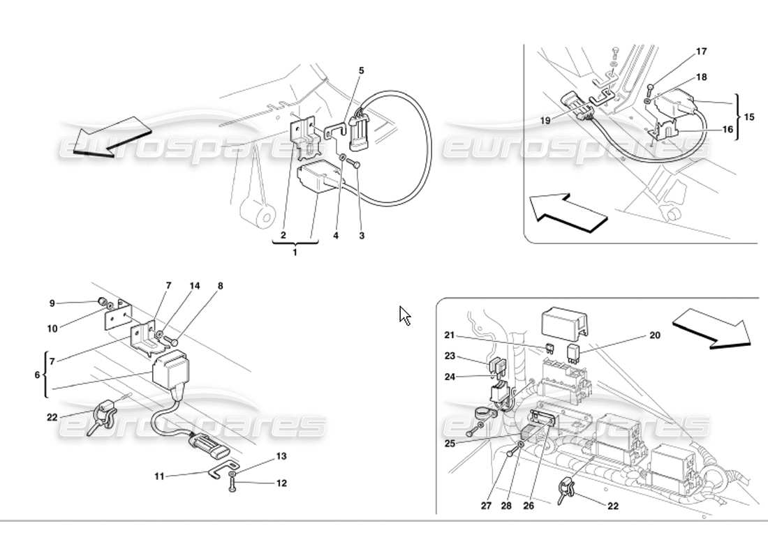 ferrari 360 modena diagrama de piezas de sensores y tableros eléctricos de los compartimentos frontal y del motor