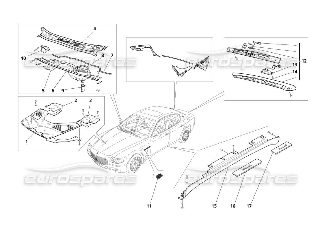 maserati qtp. (2003) 4.2 diagrama de piezas de escudos, molduras y cubiertas